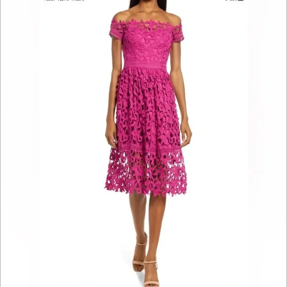 white christmas dresses Plus Size Lace Crochet Bodice Midi Dress in Pink main image 1